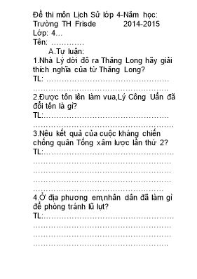 Đề thi môn Lịch sử Lớp 4 - Năm học 2014-2015